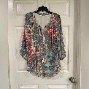 Daniel Rainn DR2 Blouse Womens Plus 2X Paisley Floral Balloon 3/4 Sleeve 2 Piece